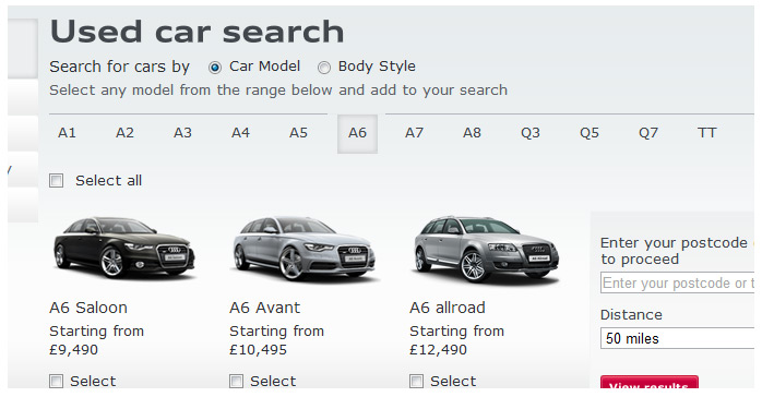 Audi Used Car website menu system without UI navigation indicators
